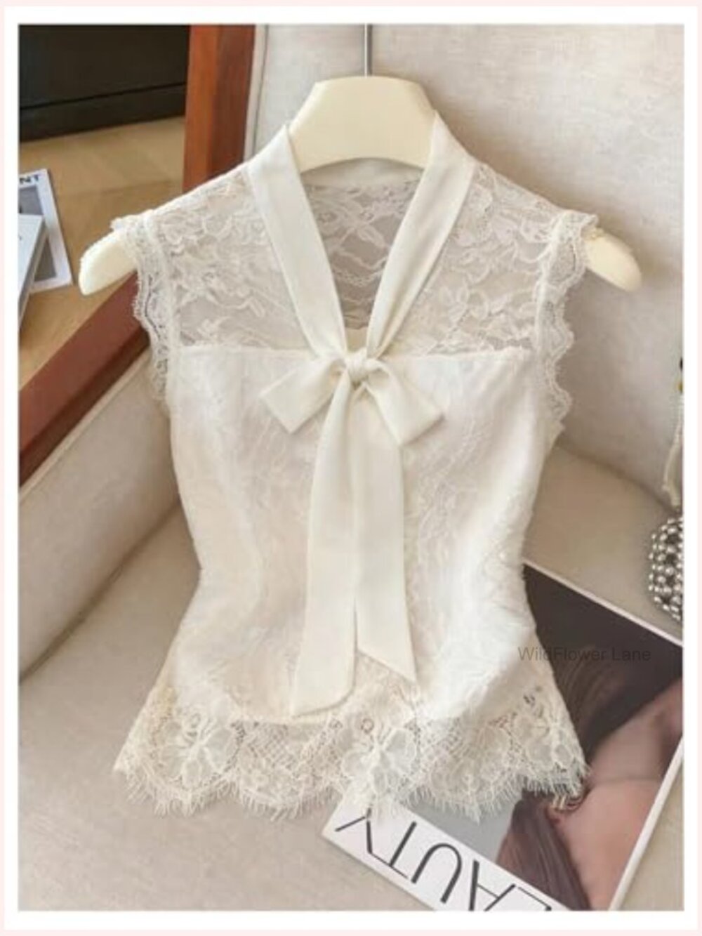 Lace Tie Neck Tank Top Sleeveless Dressy Business Casual Blouse Sheer Mesh View 3